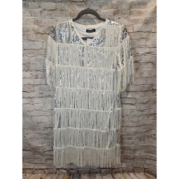 Pretty Guide Sequins Silver Dress With Fringes Short Sleeve Size 12 - Picture 1 of 4